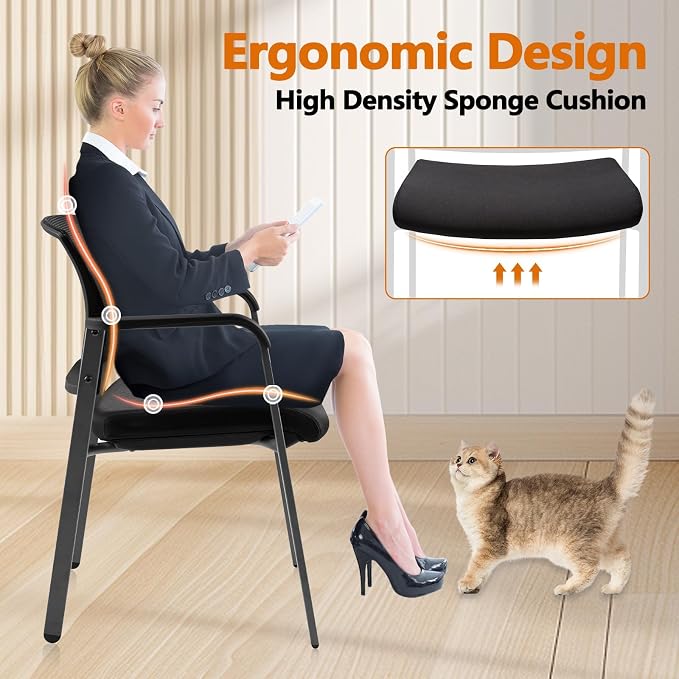 CLATINA Guest Reception Stacking Office Chairs with Arm, Mesh Back Waiting Room Chair with Upholstered Fabric Seat and Ergonomic Lumbar Support for Office Conference School Church, Black-2 Pack