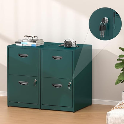 2 Drawer File Cabinet with Lock,Green Small Filing Cabinet for Home Office,Metal Vertical File Under Desk Cabinets for A4/Letter,Assembly Required