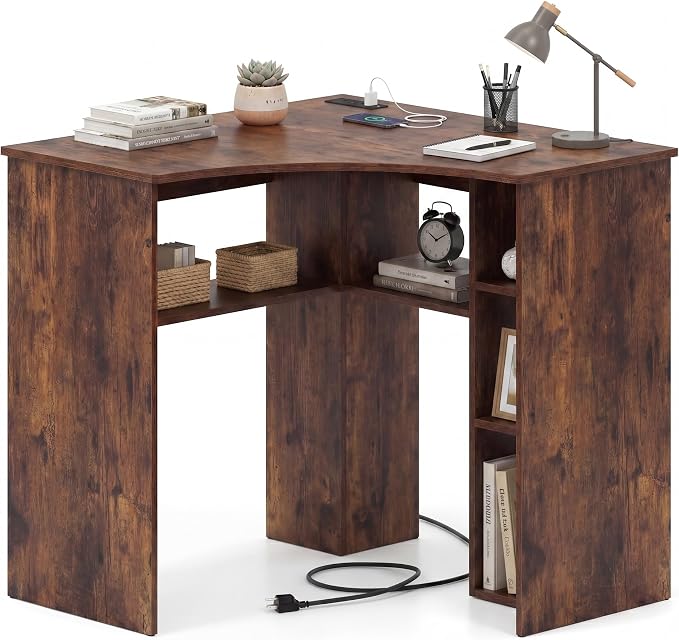 Giantex Corner Desk, Triangle Computer Desk with Charging Station, Open Storage Shelves and Curved Edge, Industrial Space Saving Writing Desk for Small Spaces, Home Office, Bedroom