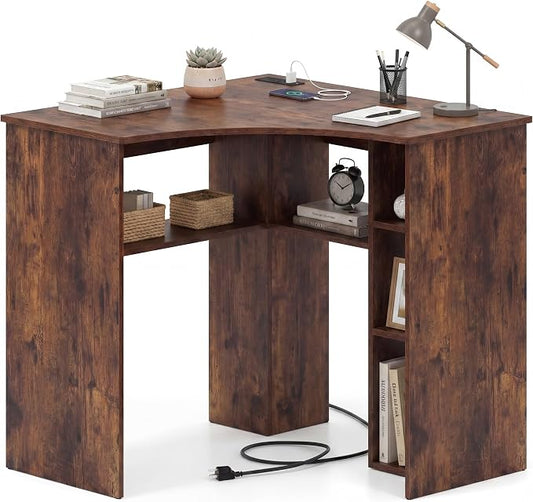 Giantex Corner Desk, Triangle Computer Desk with Charging Station, Open Storage Shelves and Curved Edge, Industrial Space Saving Writing Desk for Small Spaces, Home Office, Bedroom