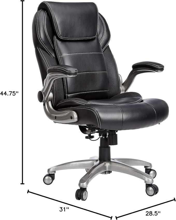Amazon Basics Ergonomic High-Back Office Chair with Flip-Up Arms, Adjustable Lumbar Support, Height Adjustable, 29.5"D x 27.5"W x 44.75"H, Black