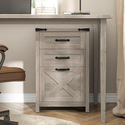 Halitaa 3 Drawer Small File Cabinet, Farmhouse Vertical Filing Cabinet Fits Letter and A4 Size, Under Desk Wooden File Cabinets for Home Office, Printer Stand, Rustic Grey