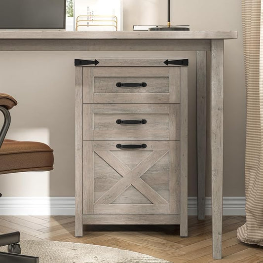 Halitaa 3 Drawer Small File Cabinet, Farmhouse Vertical Filing Cabinet Fits Letter and A4 Size, Under Desk Wooden File Cabinets for Home Office, Printer Stand, Rustic Grey