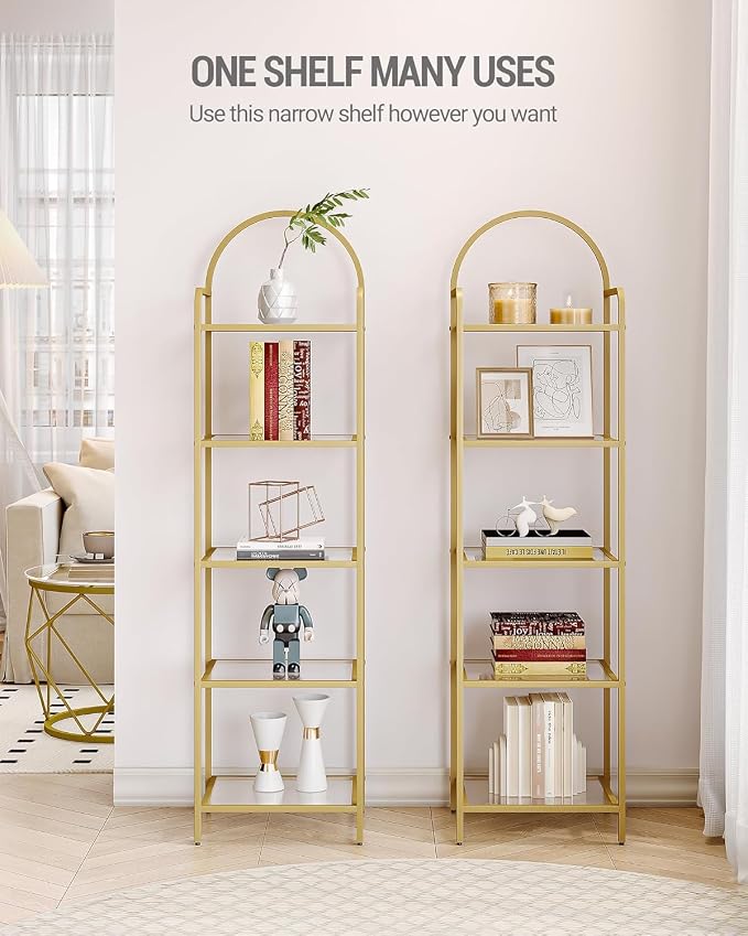 Hzuaneri Bookcase Bookshelf, Tempered Glass Bookshelves, Slim Shelving Unit for Bedroom, Bathroom, Home Office, Steel Frame, 5 Tier Gold BC05001G