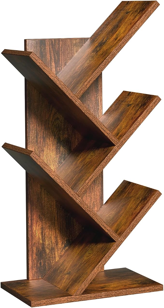 SHEEPAM 5 Tier Tree Book Shelf, Small Desktop Bookshelf with Storage Organizer, Wood Bookcase, Desk Display Bookshelves, Floor Standing Organizer Bookcases for Living Room,Bedroom,Office-Brown