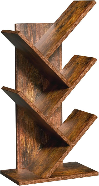 SHEEPAM 5 Tier Tree Book Shelf, Small Desktop Bookshelf with Storage Organizer, Wood Bookcase, Desk Display Bookshelves, Floor Standing Organizer Bookcases for Living Room,Bedroom,Office-Brown