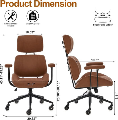 E-Motie Ergonomic Leather Office Chair, Computer Desk Chair, Brown | Adjustable Headrest, 360° Swivel & Rolling Wheels, Lumbar Support, Padded Arms, High Back, for Long Hours Sitting