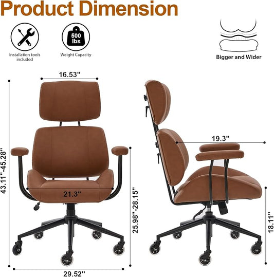 E-Motie Ergonomic Leather Office Chair, Computer Desk Chair, Brown | Adjustable Headrest, 360° Swivel & Rolling Wheels, Lumbar Support, Padded Arms, High Back, for Long Hours Sitting