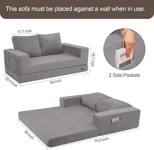 COMAX Convertible Sofa Bed Queen, Folding Fold Out Couch Bed, Floor Futon Couch Corduroy with Back Pillows, Boneless Sofa Comfy Lounge Sleeper Mattress Loveseat for Living Room Bedroom, Light Grey