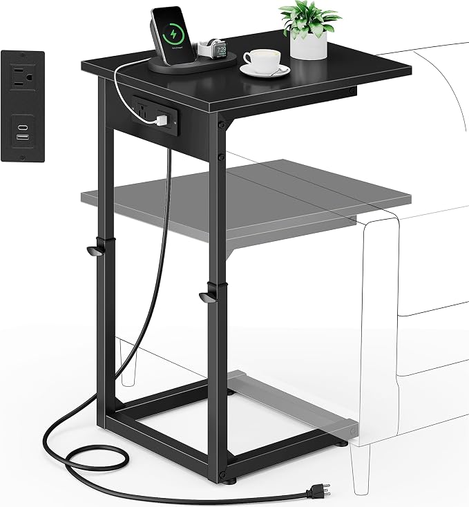 Vagusicc C Shaped End Table with Charging Station, 33"Tall C-Table End Table Adjustable Height Side Table for Couch, Couch Table That Slide Under Sofa Table TV Tray Table for Living Room,Bedroom,Black