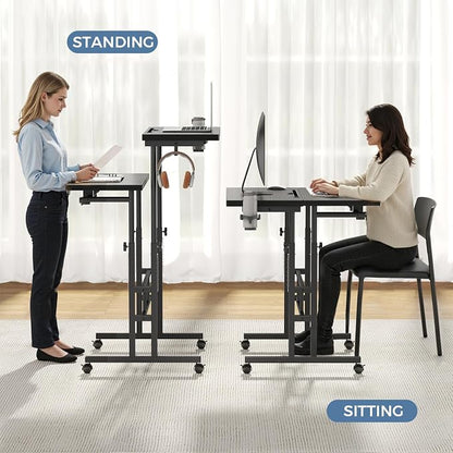 DUMOS Split Top Rolling Standing Desk 23.6 Inch Mobile Laptop Workstation Manual Height Adjustable Sit Stand Office Table Walking Pad Study Surface Portable Home Office Computer Cart Black