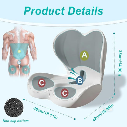 Seat Cushion for Office Chair and Car, Lumbar Support Pillow for Office Chair, Memory Foam Ergonomic Seat Cushion for Long Sitting, Back & Tailbone Pain, Sciatica - Light Gray