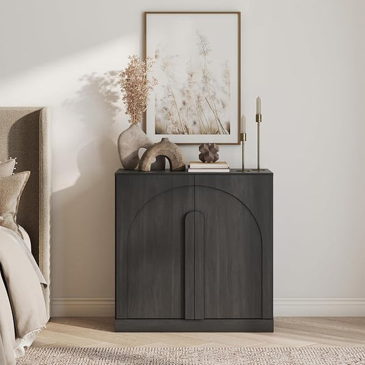 BELLEZE 31.5" Kitchen Storage Cabinet with Adjustable Shelves,Freestanding Accent Cabinet with Fluted Arched Design & Wood Handles,Modern Credenza for Living Room,Dining Room,Entryway - Ebony