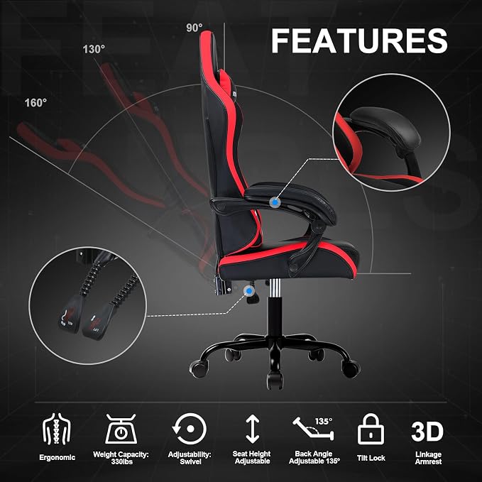 GTPLAYER Gaming Chair High Back Computer Chairs Rest for Adults, Ergonomic Height Adjustable Recliner Chair 300lbs with Linkage Armrest and Lumbar Support for Home Office, Red