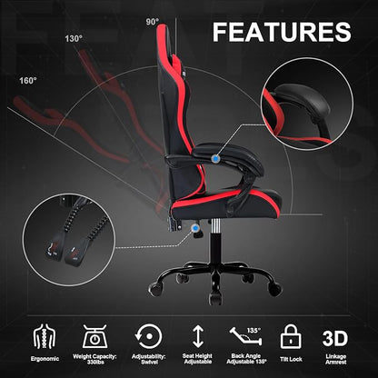 GTPLAYER Gaming Chair for Adults, Big and Tall 300LBS Heavy Duty Office Chair, Ergonomic High Back Lumbar Support and Wide Comfy Cushion with Linkage Armrests for Home Office, Red