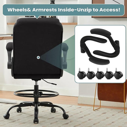 MAHOMICO Drafting Chair for Standing Desk – Tall Office Chair with Adjustable Height & Foot Ring, Flip-Up Arms, Lumbar Support – Comfortable Fabric Seat, Ideal Home Desk Chair