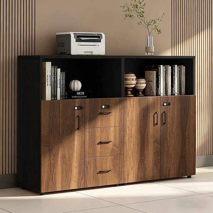 File Cabinet with Password Lock, Wood Lateral Filing Cabinet for Letter/A4 Files, 3 Drawer with Door, Printer Stand with Open Shelves for Home Office