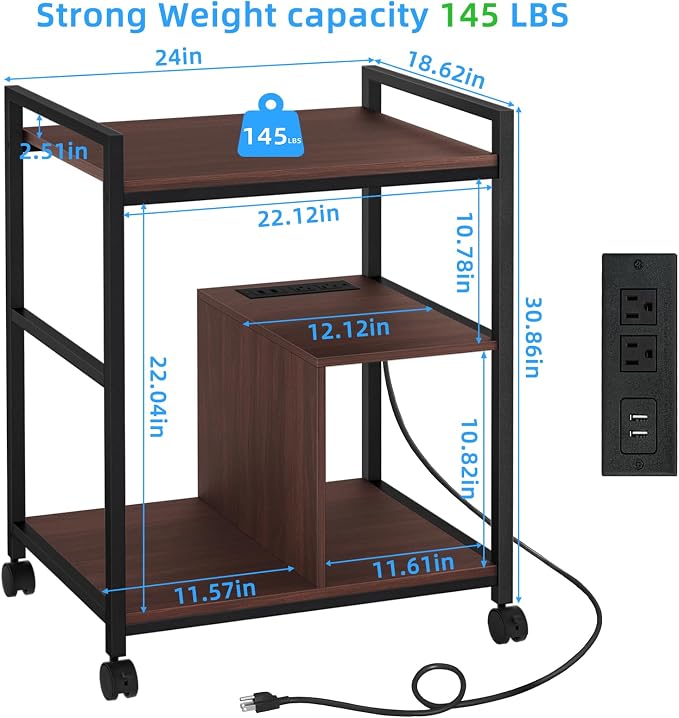 Lerliuo 24" Wide Large Printer Stand with Storage, Printer Table for Home Office with Charging Station, Rolling Industrial Mobile Printer Cart with Lockable Wheels, Computer Tower Stand, Walnut
