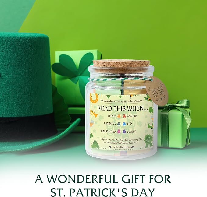 St Patricks Day Version Bible Verses Jar – St. Patrick’s Day Gifts for Women, 92 Bible Jar Folded by Hand, Glass Jar with Cork Lid, Gift Box