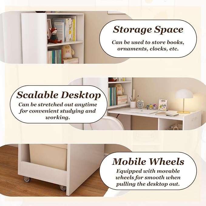 KEIKI Home Office Stretchable Desks with Storage Shelves and Mobile Wheels, Modern Wood Foldable Desk Gaming Computer Corner Table for Apartments Work, Study, Writing, White