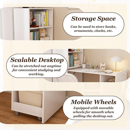 KEIKI Home Office Stretchable Desks with Storage Shelves and Mobile Wheels, Modern Wood Foldable Desk Gaming Computer Corner Table for Apartments Work, Study, Writing, White