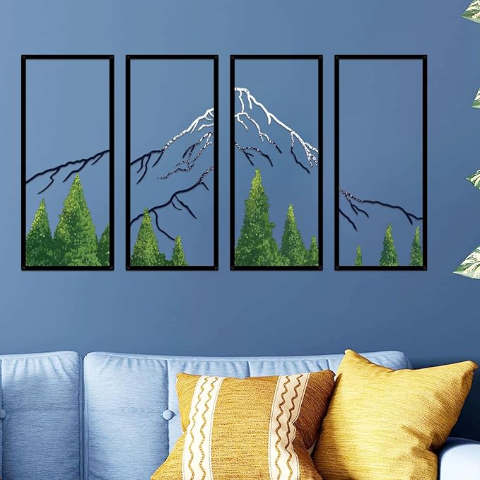 ruelen 4 Pcs Metal Mountain Forest Snow Mountain Wall Decorations，Large Abstract Minimalist Line Drawing Colorful Mountains Wall Art Home Decor for Living Room Bathroom Bedroom Office（Green，Large ）