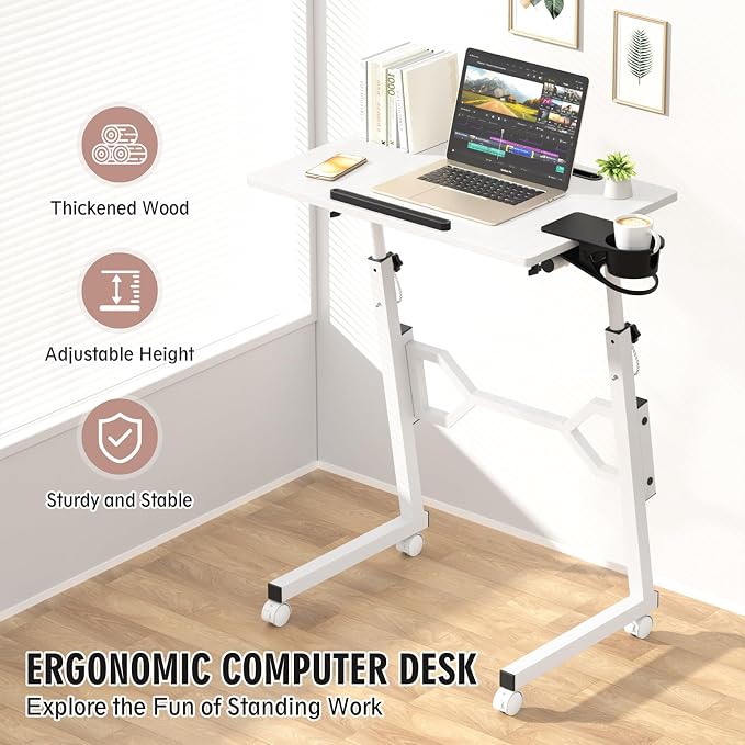 Enayplon Small Standing Desk with Wheels, Portable Treadmill Desk, Rolling Desk Adjustable Height for Laptop, Mobile Standing Table for Walking Pad, Bedside Table