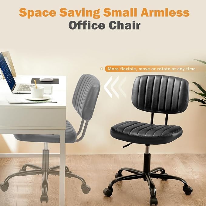 Simple Deluxe Small Office Chair, Armless Desk Chair with Wheels, PU Leather Comfy Computer Task Swivel Vanity Rolling Chairs No Arms for Small Space, Home Office, Black
