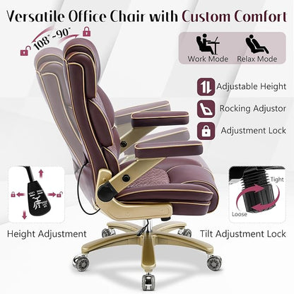Heavy Duty Executive Leather Chair, Big and Tall Office Chair 500lbs with 5D Flip-up Armrests, Comfortable Seat, Adjustable Lumbar, High Back, Large Computer Desk Chair for Home Office, Brown