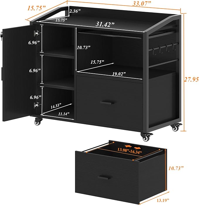 HSH File Cabinet with Wheels with Locks,Black Mobile Filing Cabinet for Legal/Letter Size, Wood Metal Printer Stand with Shelves, Wheels & Hanging File Folder for Home Office Desk, 33 in