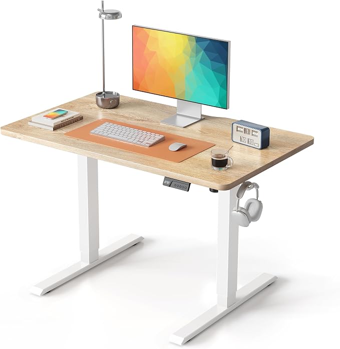 DESINO Standing Desk, 40 × 24 Inches Electric Height Adjustable, Sit and Stand Up, Computer Office Desk with Splice Board, White Frame/Oak TOP