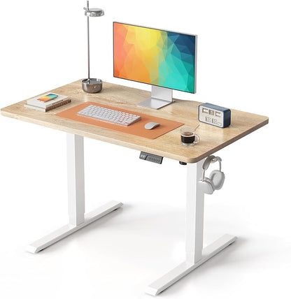 DESINO Standing Desk, 32 × 19 Inches Electric Height Adjustable, Sit and Stand Up, Computer Office Desk with Splice Board, White Frame/Oak TOP