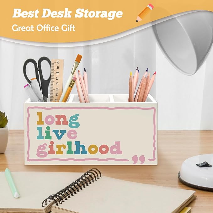 Girl Nursery Decor Pen Holder Organizer for Desk Accessories, Girls Room Decor, Long Live Girlhood Wooden Box Sign Desk Decorations for Kids Girls Room Classroom Bedroom