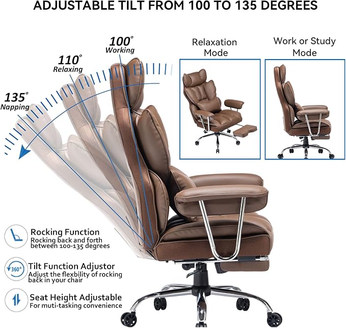 Efomao Big and Tall Office Chair 400lbs – PU Leather Executive Office Chair with Lumbar Support & Leg Rest, Heavy-Duty Computer Chair for Home Office, Brown | 400lbs support, 135° recline, dual-layer foam cushion, 23.5" seat & footrest. BIFMA