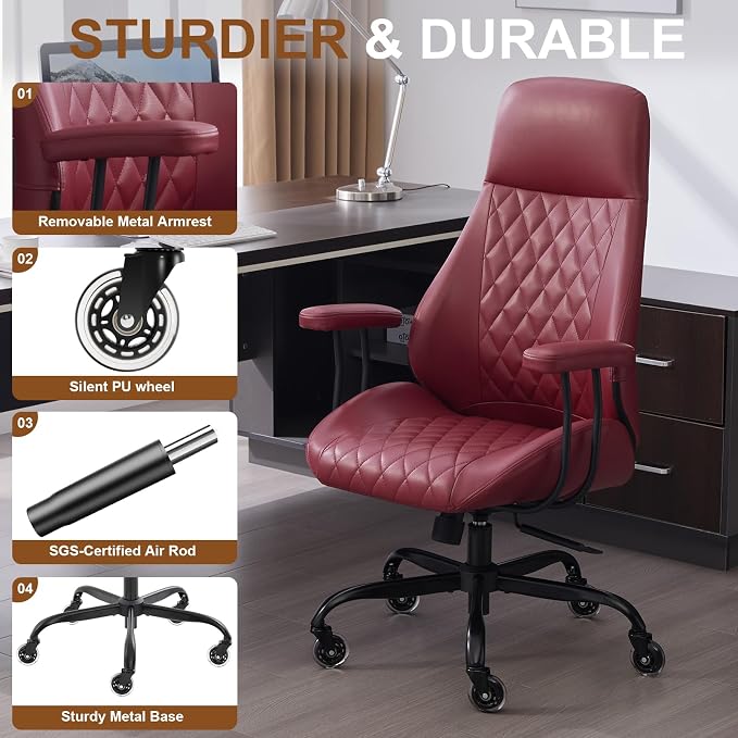 Office Chair with Rubber Wheels, Ergonomic Computer Chair 500 lbs, Leather Desk Chair with Lumbar Support, Executive Chair Adjustable Height & Recline, Red | Ergonomic, Lumbar Support, 360° Swivel & Rolling Wheels, Adjustable Height, for Adults & Women
