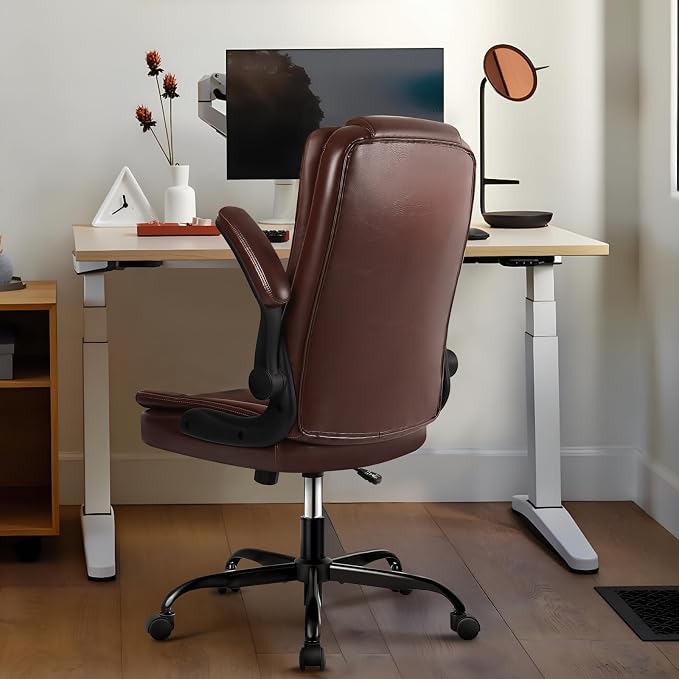 VITESSE Ergonomic Office Chair with Flip-up Armrests, Big and Tall Leather Executive Office Chair, High Back Lumbar Support Home Computer Desk Chair, Heavy and Duty Computer Chair (Brown)