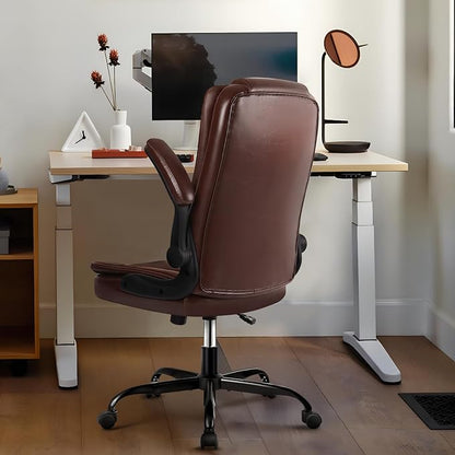 VITESSE Ergonomic Office Chair with Flip-up Armrests, Big and Tall Leather Executive Office Chair, High Back Lumbar Support Home Computer Desk Chair, Heavy and Duty Computer Chair (Brown)