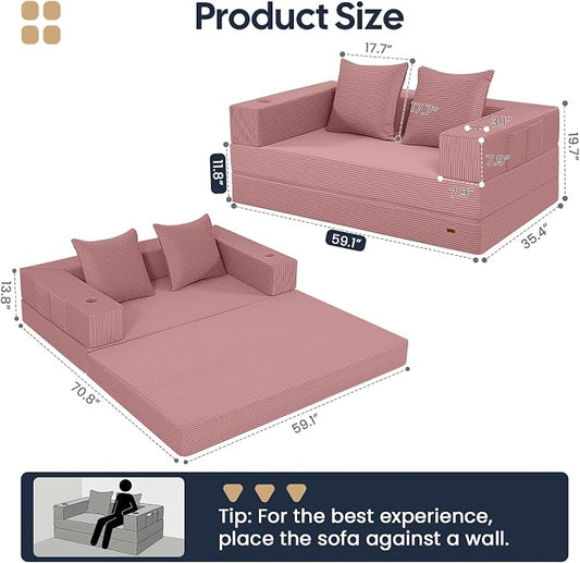 COMAX Futon Sofa Bed, 4‑in‑1 Convertible Sofa Bed, Folding Boneless Couches | Boneless Couch for living room, Fold Out Small Foldable Loveseat Floor Sleeper Mattress Lounge Space‑Saving, Pink