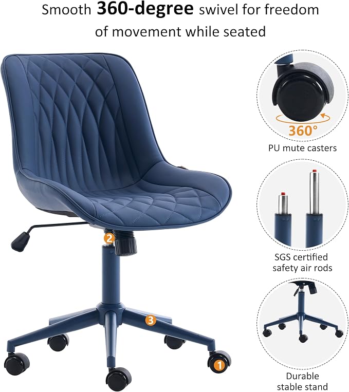 YOUNIKE Faux Leather Ergonomic Office Chair Armless Comfy Desk Chair with Rocking Back Cute Swivel Vanity Chair with Wheels Height Adjustable Small Computer Task Chair for Sewing Drafting Navy Blue