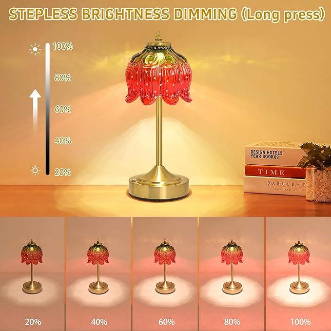 Cordless Lotus Flower Table Lamp, 5200mAh Rechargeable Battery Operated Portable Lamp, 3-Color Dimmable Touch Control Small Desk Lamp for Bedroom, Office, Kitchen, Nightstand,Room Decor (Strawberry)
