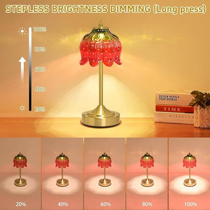 Cordless Lotus Flower Table Lamp, 5200mAh Rechargeable Battery Operated Portable Lamp, 3-Color Dimmable Touch Control Small Desk Lamp for Bedroom, Office, Kitchen, Nightstand,Room Decor (Strawberry)