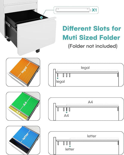 Dripex 3 Drawer White File Cabinet, Mobile Under Desk Storage File Cabinet with Lock on Wheels, Letter/Legal Size,Fully Assembled, Small Short Vertical Metal Rolling Filing Cabinets for Home Office
