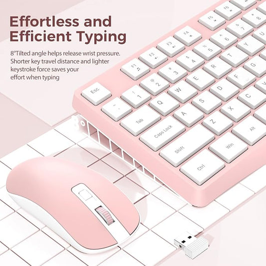 Wireless Keyboard and Mouse Combo, Lovaky 2.4G Full-Sized Ergonomic Keyboard Mouse, 3 DPI Adjustable Cordless USB Keyboard and Mouse, Quiet Click for Computer/Laptop/Windows/Mac (1 Pack, Pink)