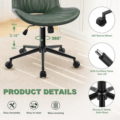 Armless Office Chair, Height Adjustable Desk Chair with Wheels, Ergonomic Comfy 360° Swivel Home Office Computer Task Chair, Faux Leather Padded Cute Vanity Chair,Green