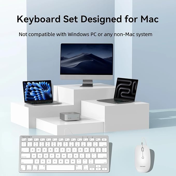 TECKNET USB Wired Keyboard and Mouse for Mac, Dual Interface(Type-C and USB A), Ergonomic Slim Keyboard Set Compatible with MacBook, iMac, Mac mini/Pro, White