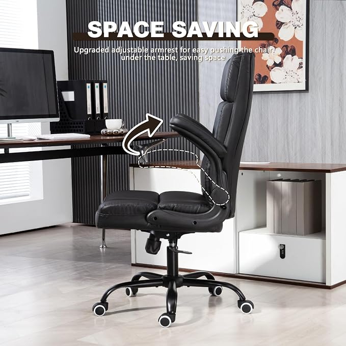 ECOTOUGE Executive Office Chair, PU Leather Ergonomic Comfy Desk Chair, High Back Computer Chair with Adjustable Tilt Angle and Flip-up Arms (Without Footrest Black)