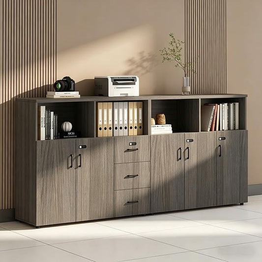 File Cabinet with Password Lock, Wood Lateral Filing Cabinet for Letter/A4 Files, 3 Drawer with Door, Printer Stand with Open Shelves for Home Office