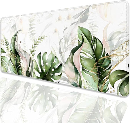 Green Tropical Leaves Mouse Pad Desk Pad,Green Sage Plant Extended Gaming Mouse Mat with Stitched Edges Non-Slip Waterproof Rubber Base Mous Mat for Office Home Game Desk Pad(27.5X11.8 in)