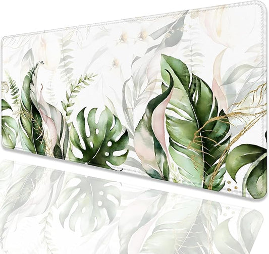 Green Tropical Leaves Mouse Pad Desk Pad,Green Sage Plant Extended Gaming Mouse Mat with Stitched Edges Non-Slip Waterproof Rubber Base Mous Mat for Office Home Game Desk Pad(27.5X11.8 in)