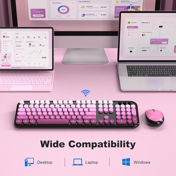 MOFII Wireless Keyboard and Mouse Combo,2.4G Typewriter Keyboard Quiet Mice | Retro Full Size Computer Keyboards, Cute Mouse, USB Dongle Plug and Play, for PC,Laptop,Desktop,Windows (Black Pink Gradient)